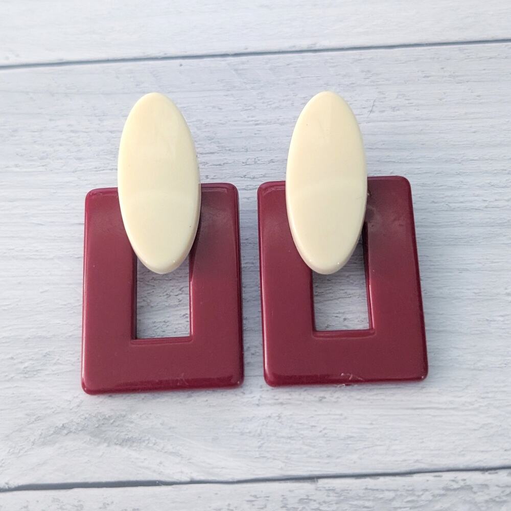 Large Statement Door Knocker Style Stud Earrings Dark Red & Cream
